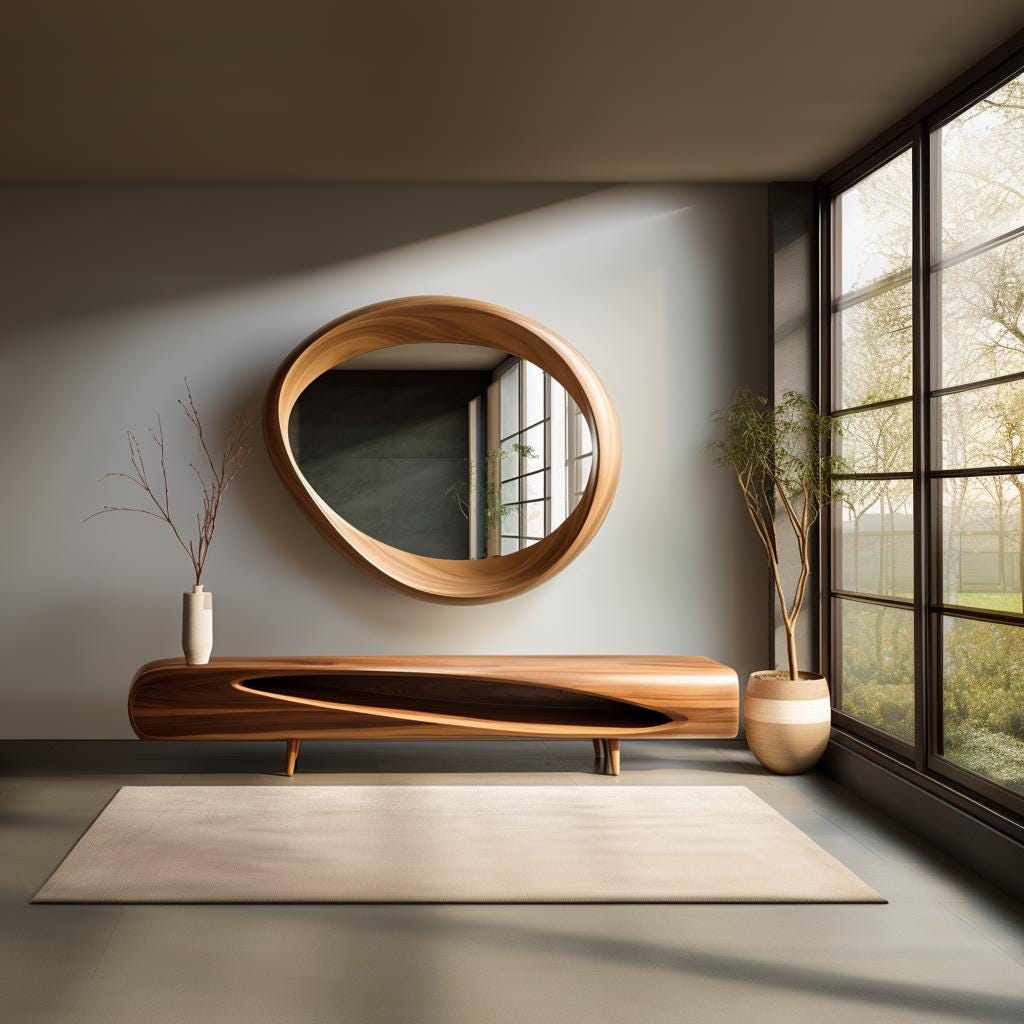 May include: A modern living room setup featuring a large, oval-shaped wooden mirror. Below the mirror is a matching wooden console table with a curved design. A beige rug sits on the floor, and a potted plant is next to a large window.