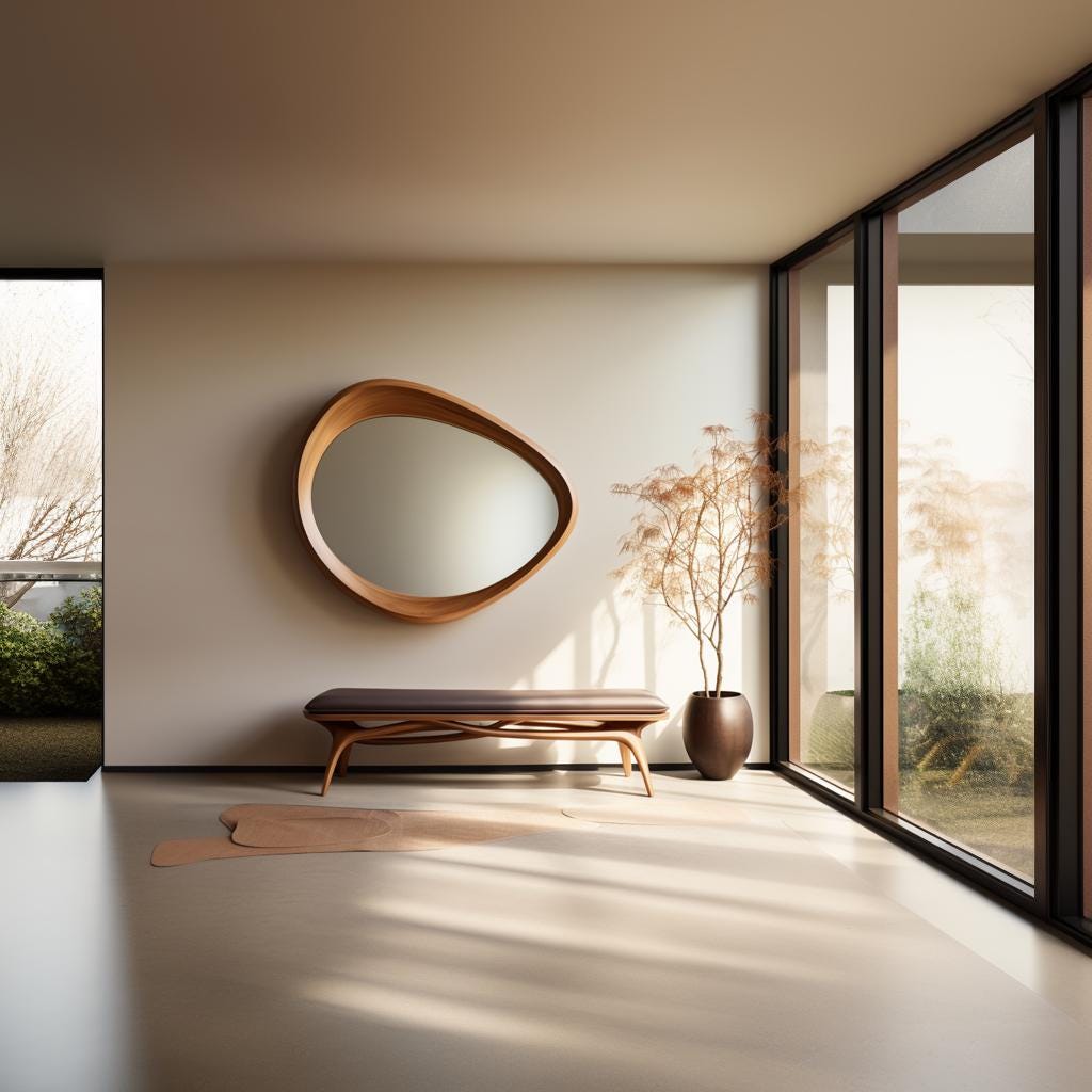 May include: A modern interior featuring a large, organic-shaped wooden mirror mounted on a beige wall. Below the mirror is a bench with a dark brown cushion. A potted plant and large windows complete the minimalist design.