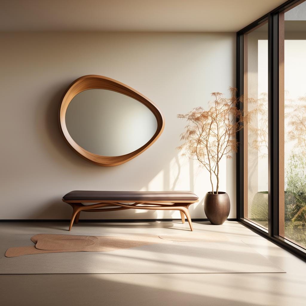 May include: A modern interior scene featuring a large, organic-shaped wooden mirror hanging above a bench with a dark brown cushion. A decorative plant in a brown pot and a light-colored rug complete the minimalist design.