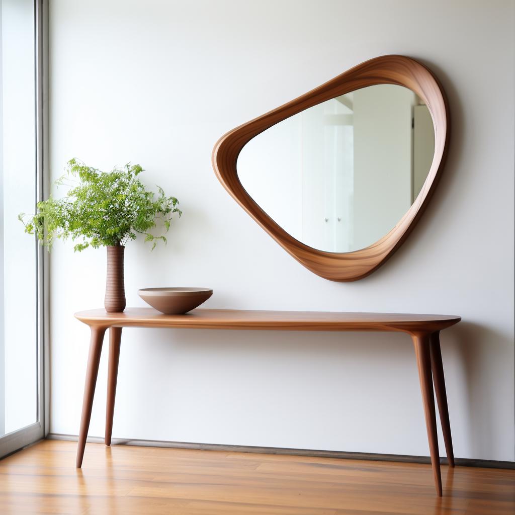 May include: A mid-century modern style wooden console table with a matching mirror. The mirror has an organic, asymmetrical shape. A vase with greenery and a bowl sit on the table. The room has a minimalist design.