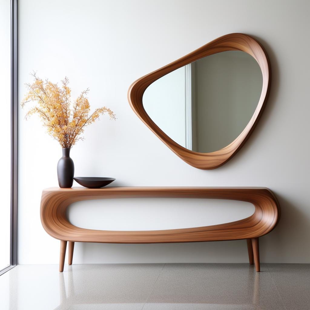 May include: A modern, wooden console table with a matching, asymmetrical mirror. The table has a curved design with four legs. A dark vase with dried flowers and a black bowl sit on the table. The mirror is a unique, organic shape.