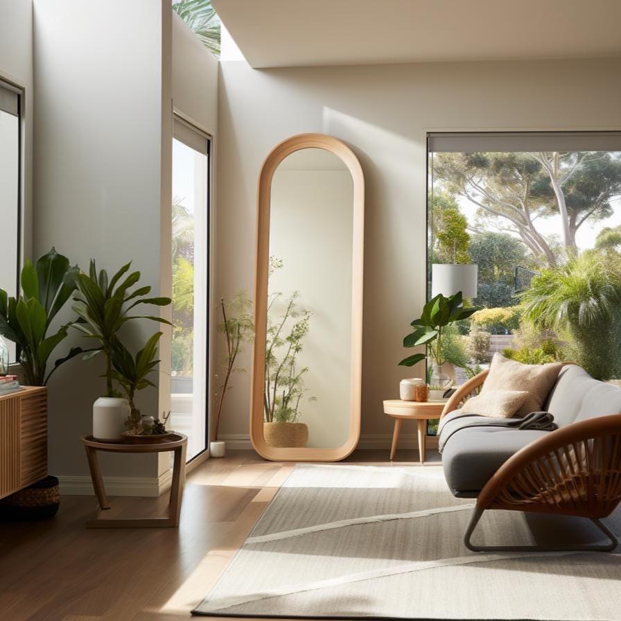 May include: A full-length, arched-top mirror with a light wood frame stands in a bright, airy room. The room features a gray sofa, a small wooden side table, and potted plants. A large window offers a view of lush greenery, creating a serene atmosphere.
