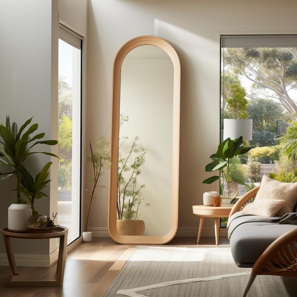 May include: A full-length, oval-shaped mirror with a light wood frame. The mirror is positioned against a neutral-colored wall in a well-lit room. The room features plants, a small side table, and a gray sofa.