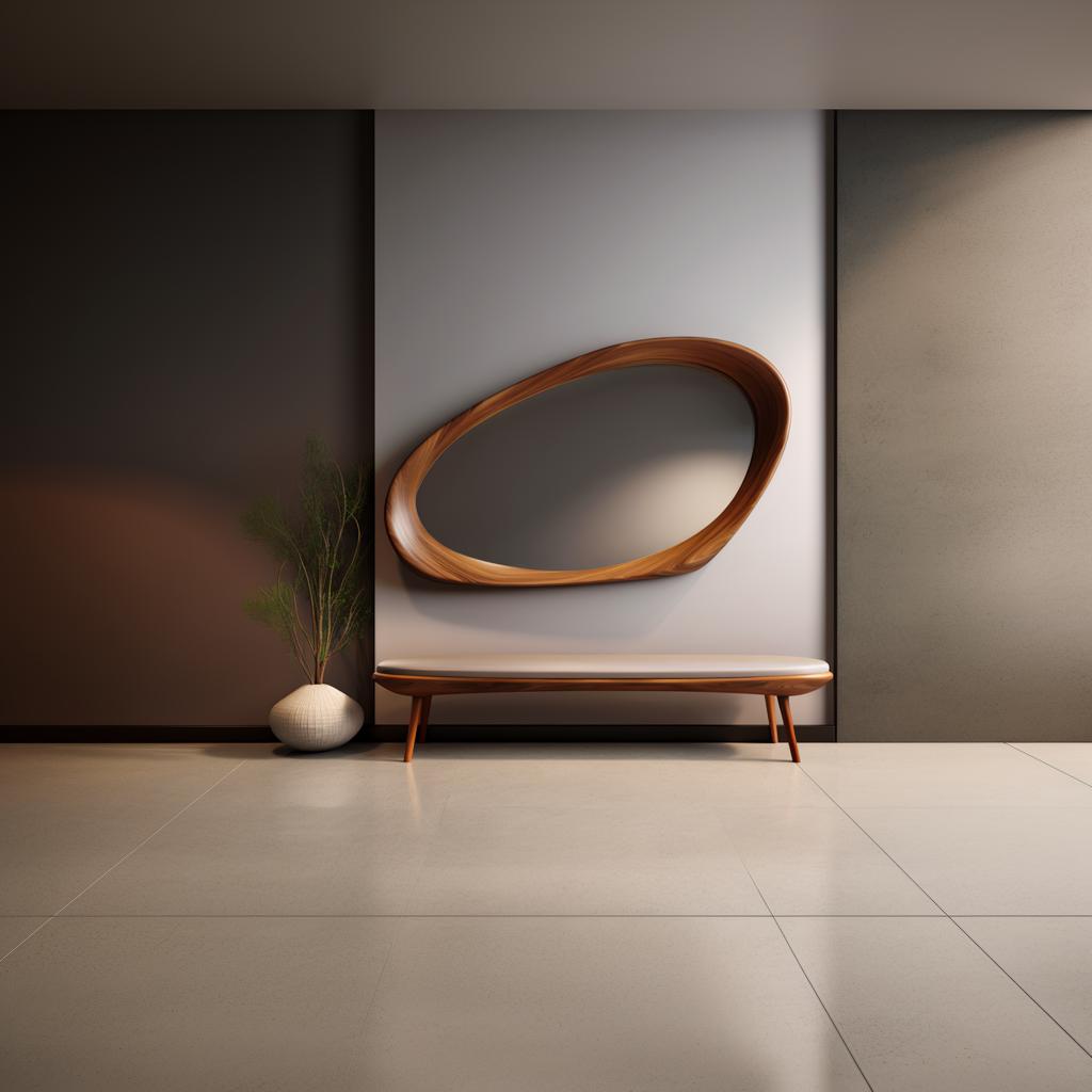 May include: A modern interior scene featuring a wooden oval mirror mounted on a light gray wall. Below the mirror is a bench with a cream-colored seat and wooden legs. A white vase with greenery sits to the left.