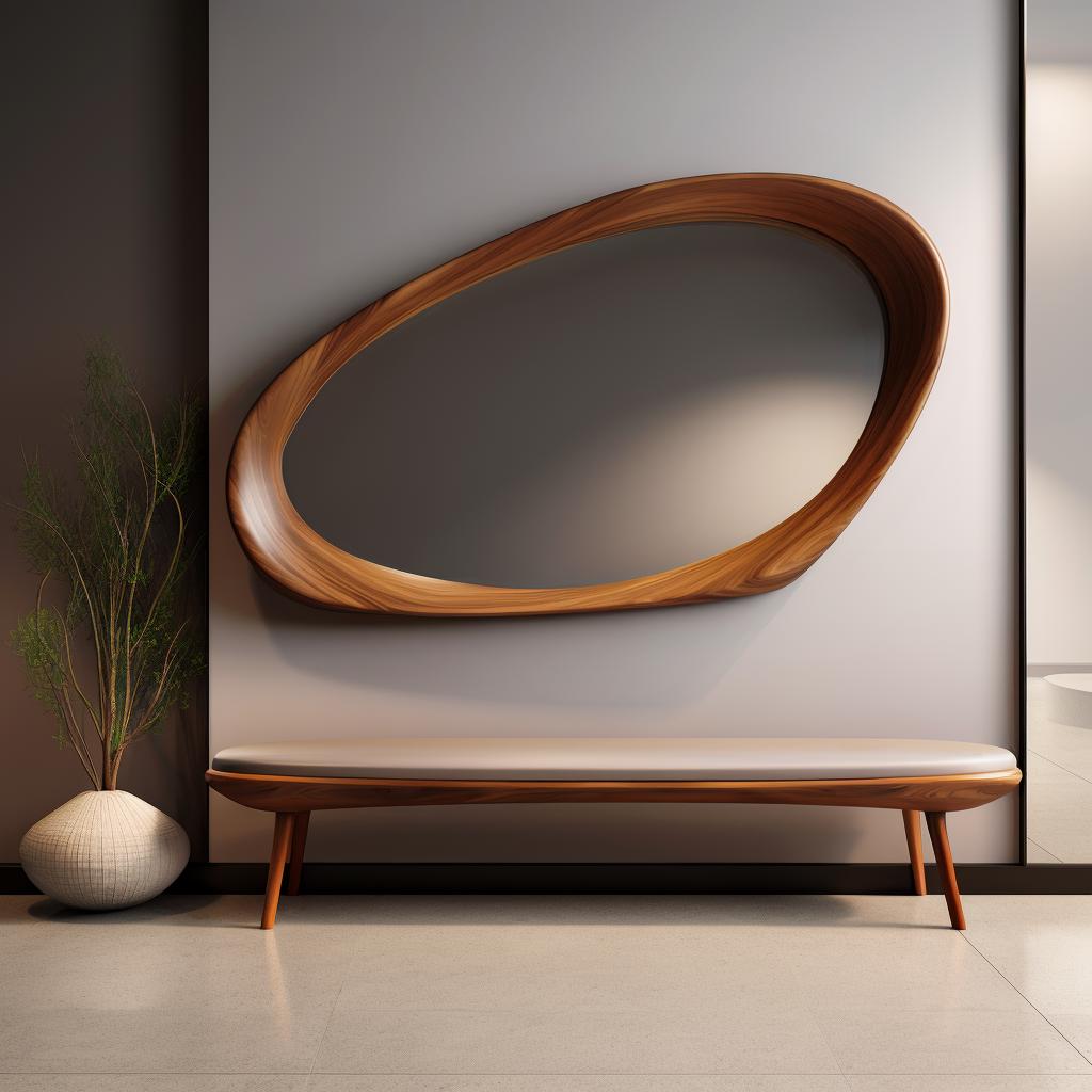 May include: A large, oval-shaped wooden mirror with a natural wood grain finish hangs above a bench with a light-colored cushion. The bench has wooden legs and a matching wood frame. A white vase with greenery is to the left.