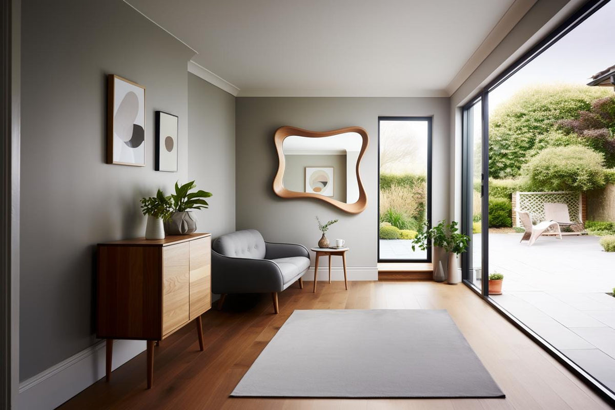 May include: A modern living room with a gray color scheme. Features include a wooden cabinet, a gray sofa, a large wavy-edged mirror, and a gray rug. A large glass door opens to a patio with greenery.