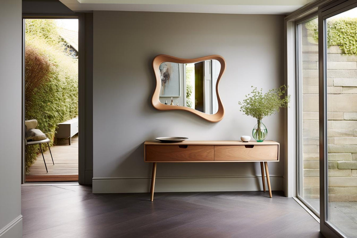 May include: A wooden console table with two drawers and slender legs, topped with a decorative plate and a vase of greenery. Above, a uniquely shaped wooden mirror hangs on the gray wall. A doorway and window offer views of the outdoors.