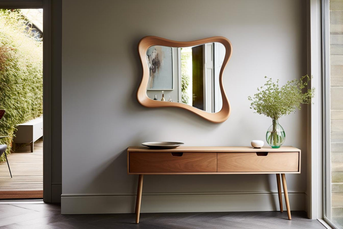 May include: A wooden console table with two drawers and a wavy-edged mirror hanging above it. The mirror and table are made of light-colored wood. A clear glass vase with greenery and a small white bowl sit on the table.