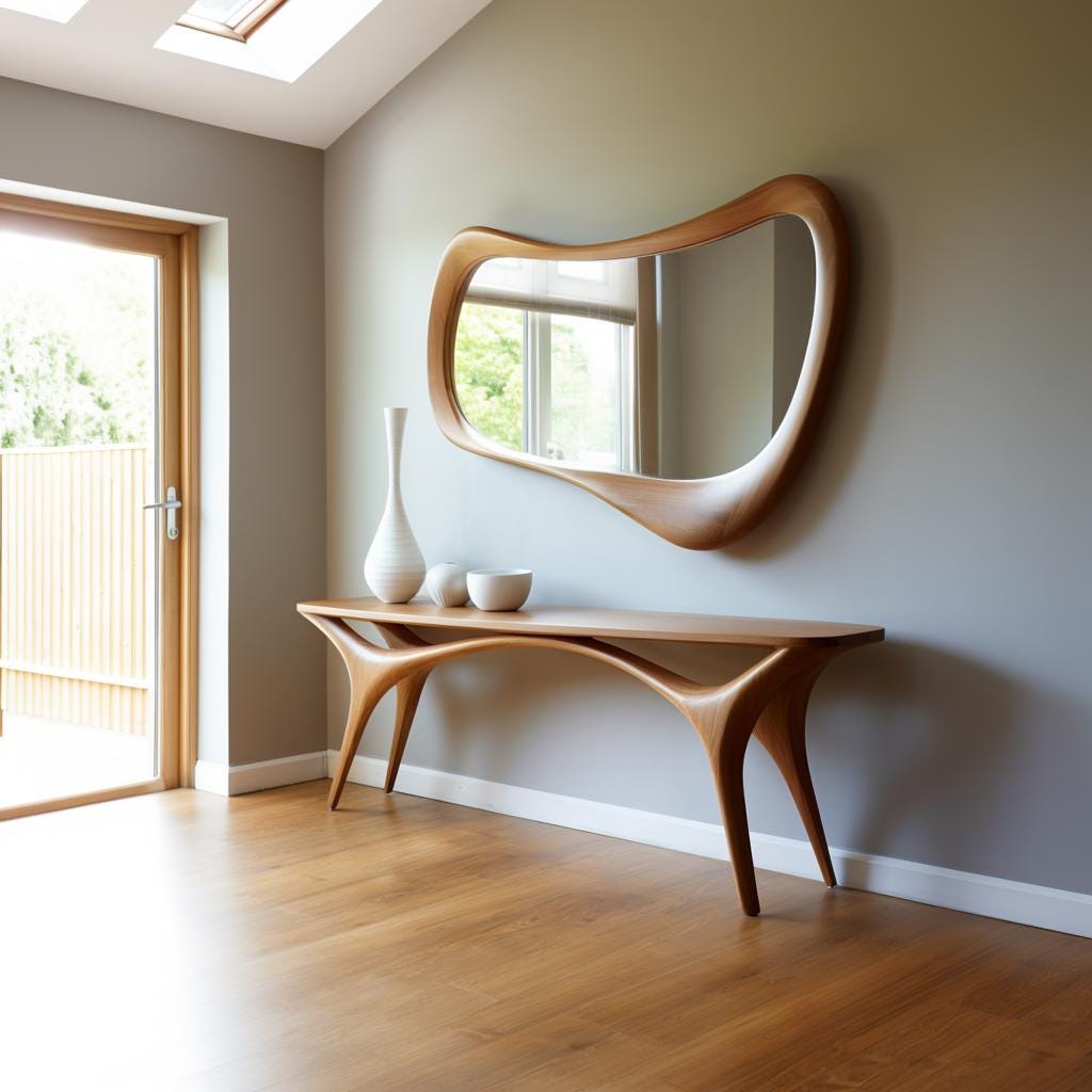 May include: A wooden console table with a matching, organically shaped mirror. The table has a curved design with three legs on each side. Two white vases and a small bowl are on the table. The mirror is mounted on a gray wall.