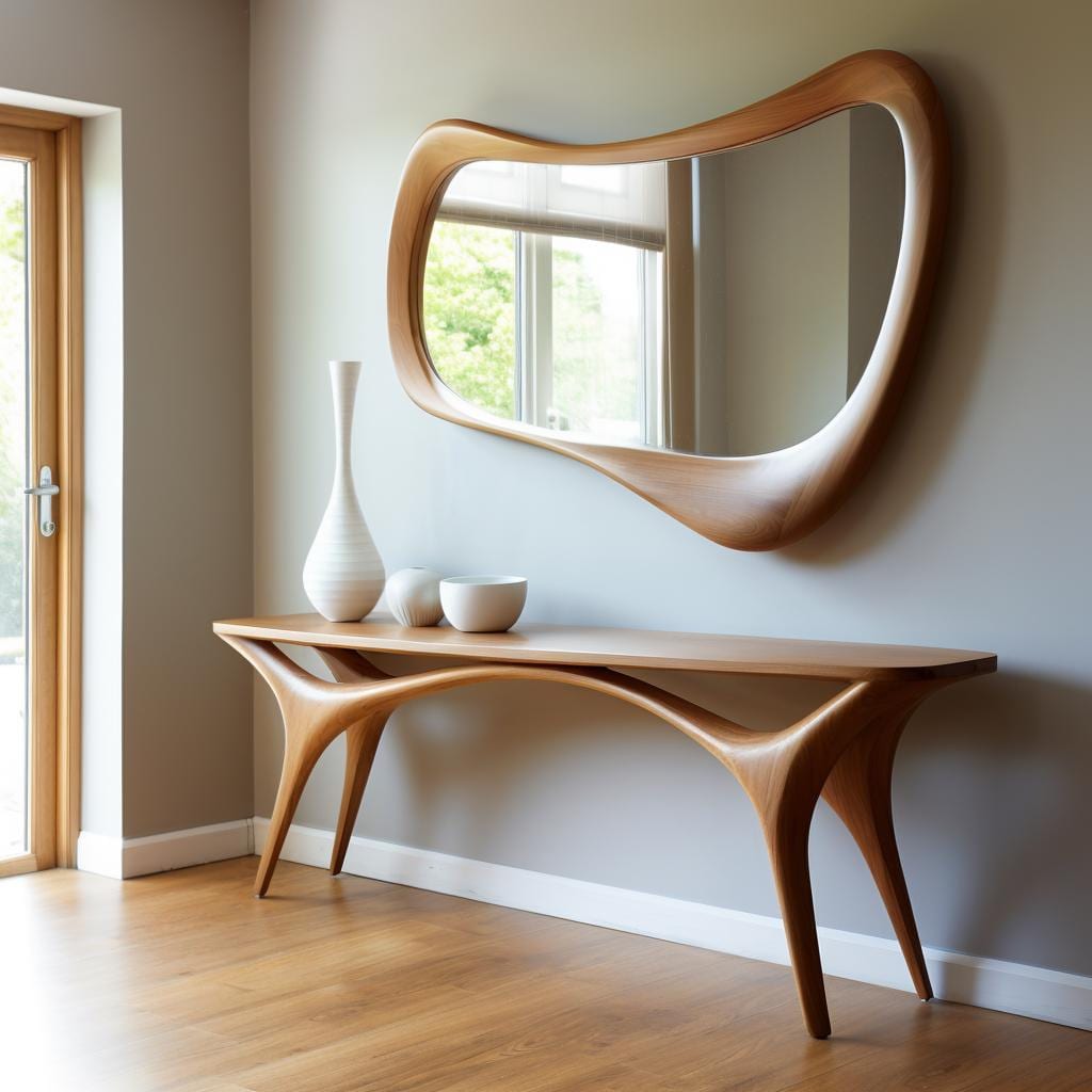May include: A wooden console table and matching mirror set. The table has a unique, curved design with slender legs. The mirror has an organic, flowing shape. White vases and bowls sit on the table, adding a touch of contrast.