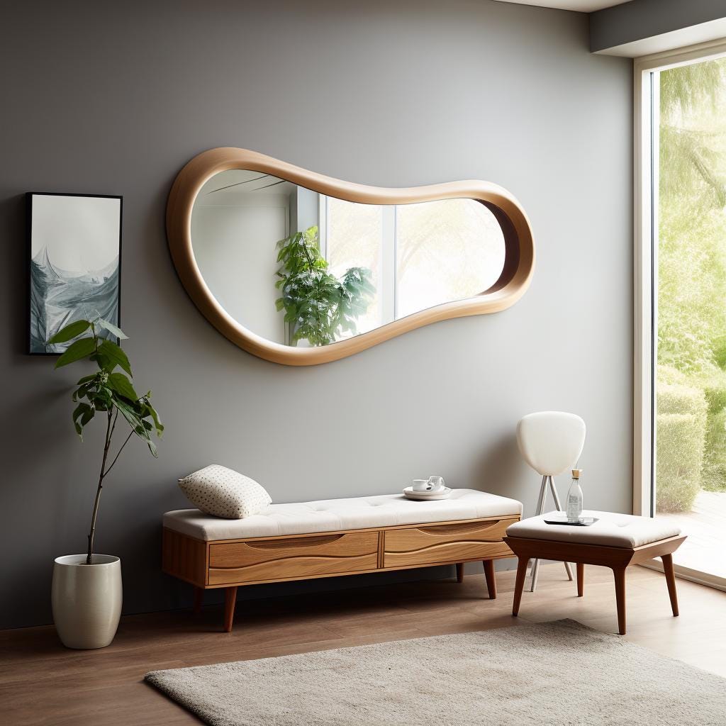 May include: A large, organically shaped wooden mirror with a light-colored frame hangs on a gray wall. Below, a wooden bench with a cream-colored cushion and two drawers sits. A small stool and a potted plant are also in the room.