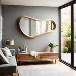 May include: A large, organically shaped wooden mirror hangs on a gray wall. Below, a wooden console table with two drawers holds decorative items and a potted plant. A gray sofa and a lamp are visible in the room.