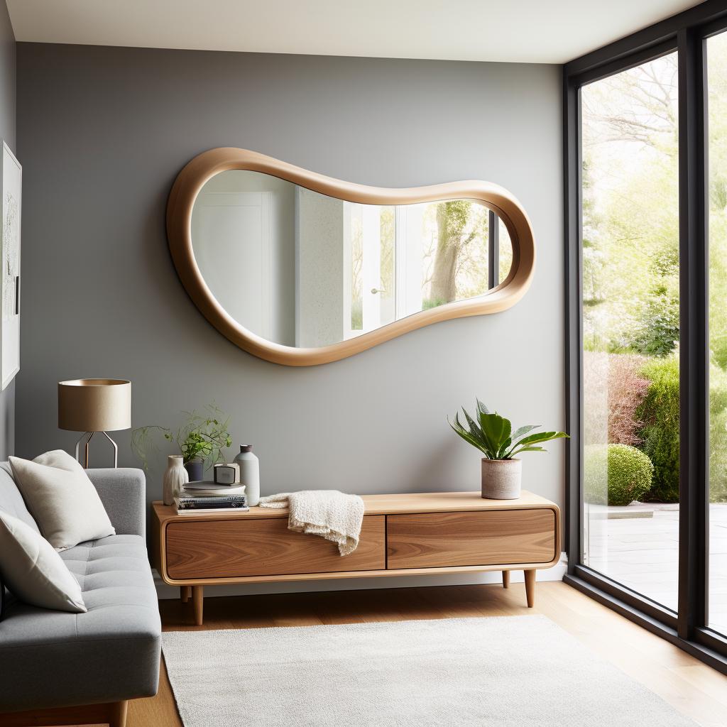 May include: A large, organically shaped wooden mirror hangs on a gray wall. Below, a wooden console table with two drawers holds decorative items and a potted plant. A gray sofa and a lamp are visible in the room.