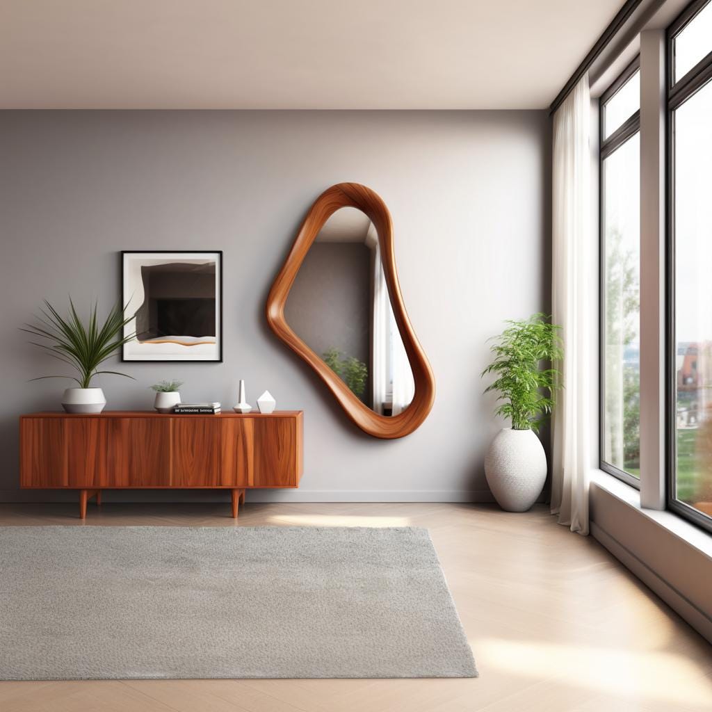 May include: A modern living room featuring a wooden cabinet, a large, uniquely shaped wooden mirror, and a framed abstract artwork. A gray rug and a white vase with a plant are also present.