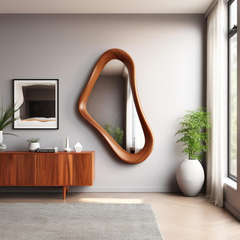 May include: A mid-century modern style wooden mirror with an organic, asymmetrical shape. The mirror is mounted on a gray wall, reflecting the room's interior. The room also features a wooden cabinet, artwork, and a potted plant.