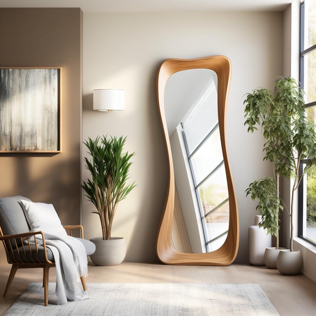 May include: A full-length, free-standing mirror with a unique, organic shape. The frame is made of light-colored wood, and the mirror reflects a bright window. The room also features a gray armchair, plants, and a neutral color palette.