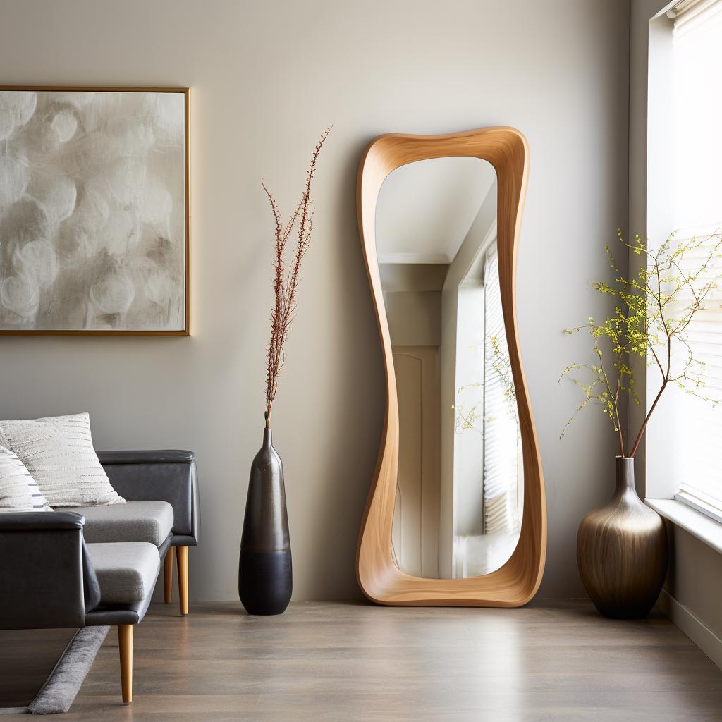 May include: A full-length, free-standing mirror with a unique, organic shape. The frame is crafted from light-colored wood, and the mirror reflects the room's interior. The room also features a gray sofa, decorative vases, and an abstract painting.