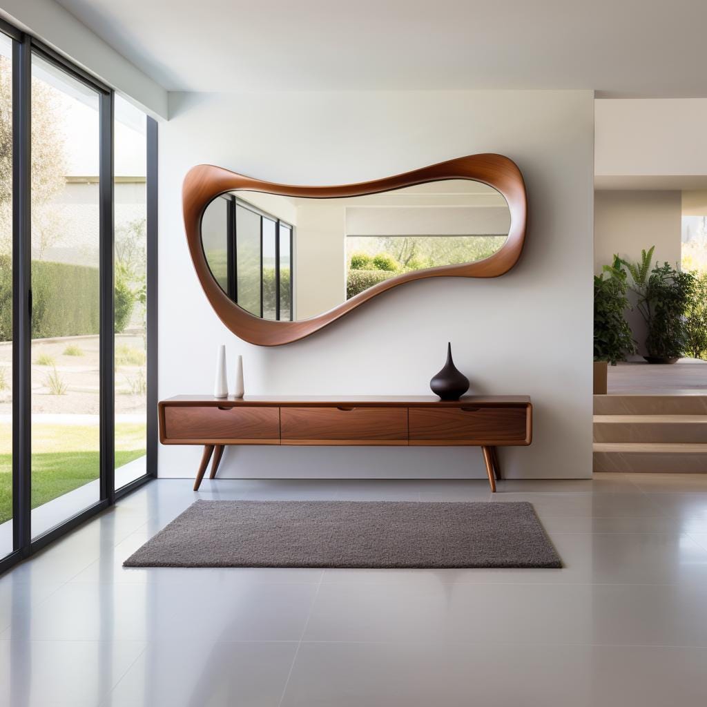 May include: A modern entryway featuring a large, organically shaped wooden mirror. Below, a long, low wooden console with three drawers and tapered legs holds decorative vases. A rectangular gray rug sits on the floor.