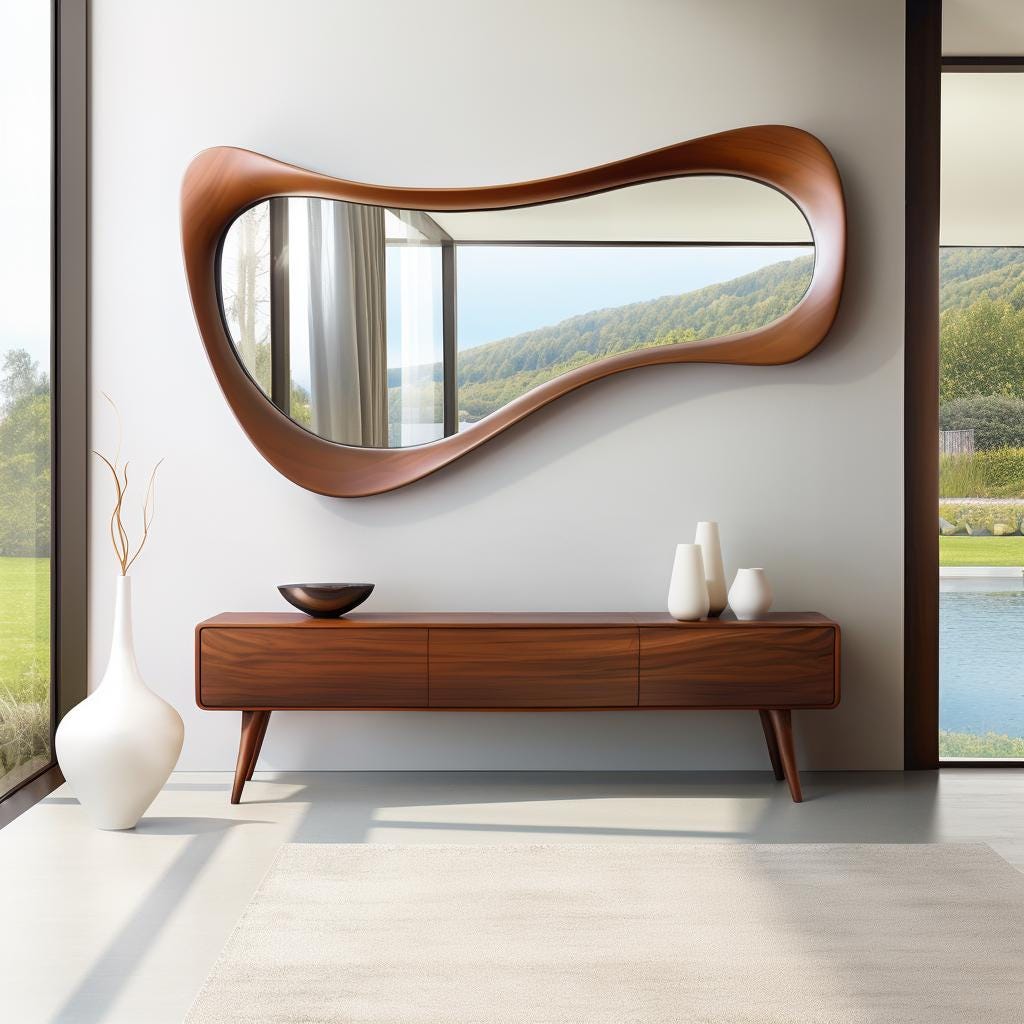 May include: A mid-century modern-style interior featuring a large, organically shaped wooden mirror. Below, a matching wooden console with three drawers and tapered legs is visible. White vases and a dark bowl add contrast.