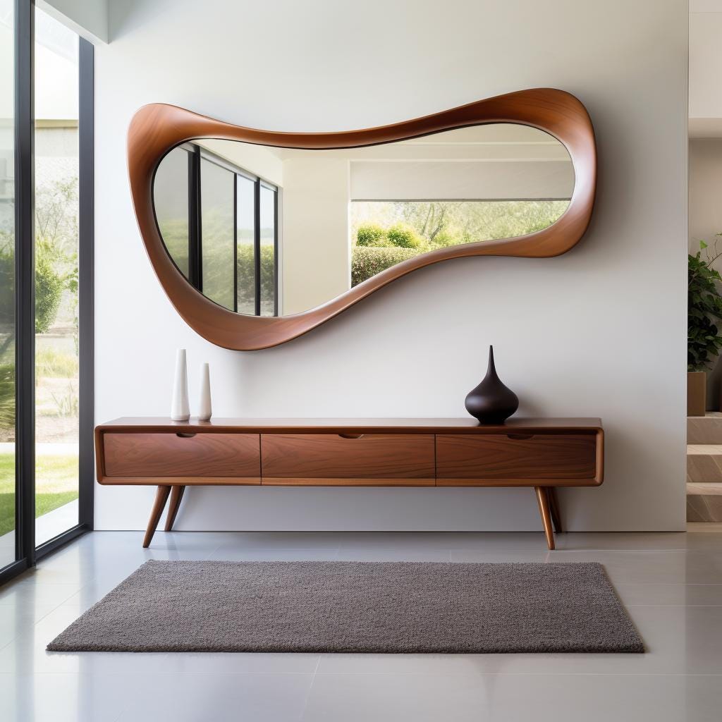 May include: A mid-century modern style wooden mirror with a unique, flowing shape hangs above a matching wooden console table. The table has three drawers and tapered legs. Two white vases and a dark brown vase sit on the table. A gray rug is on the floor.