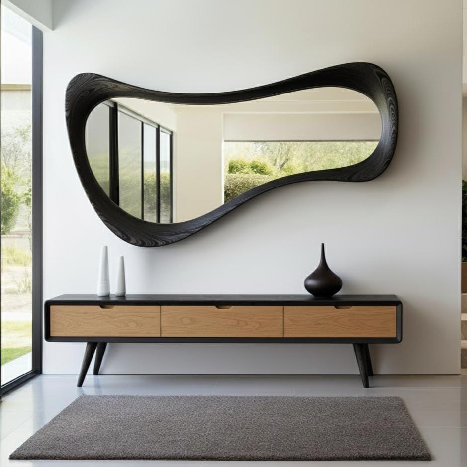 May include: A modern, black-framed mirror with an organic, flowing shape hangs above a wooden console table. The console has three drawers with light wood fronts and a dark frame. Two white vases and a dark vase sit on the console.