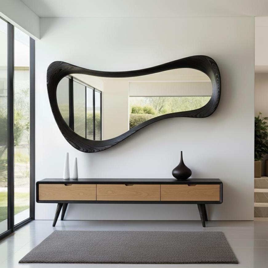 May include: A modern living room scene featuring a large, organically shaped black mirror mounted on a white wall. Below the mirror is a low, rectangular console with three drawers and a black top. Two white vases and a black vase sit on the console.