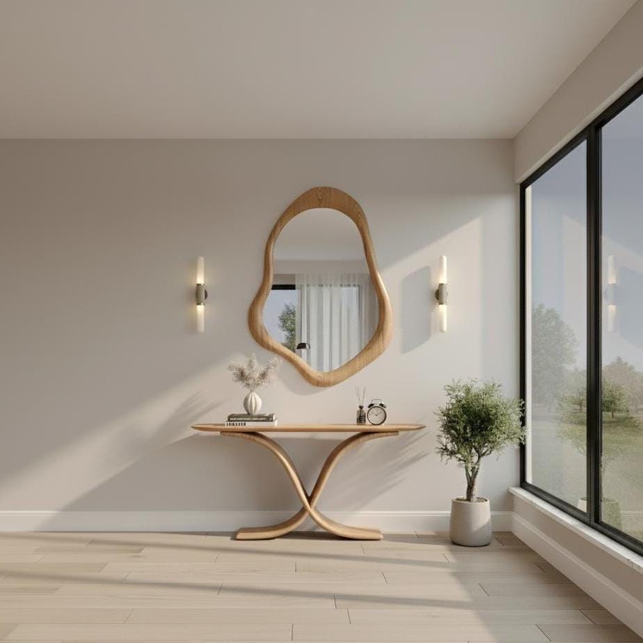 May include: A modern interior scene featuring a wooden console table with a curved base, topped with decor. Above, a uniquely shaped wooden mirror hangs on the wall. Two wall sconces flank the mirror. A potted plant and large window complete the room.