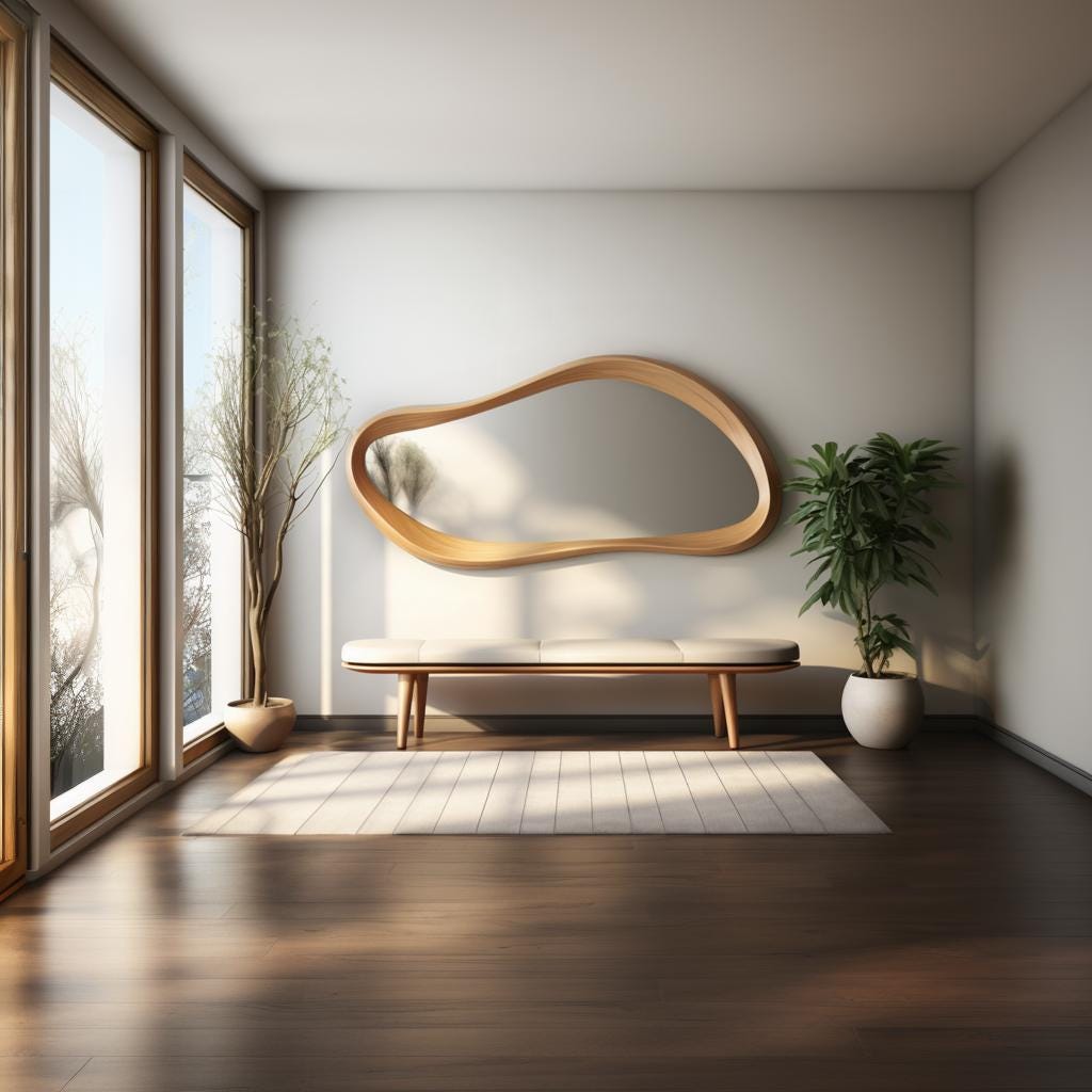 May include: A modern interior featuring a large, organic-shaped wooden mirror mounted on a white wall. Below the mirror is a bench with a cream-colored cushion. The room has large windows, a rug, and potted plants, with dark wood flooring.