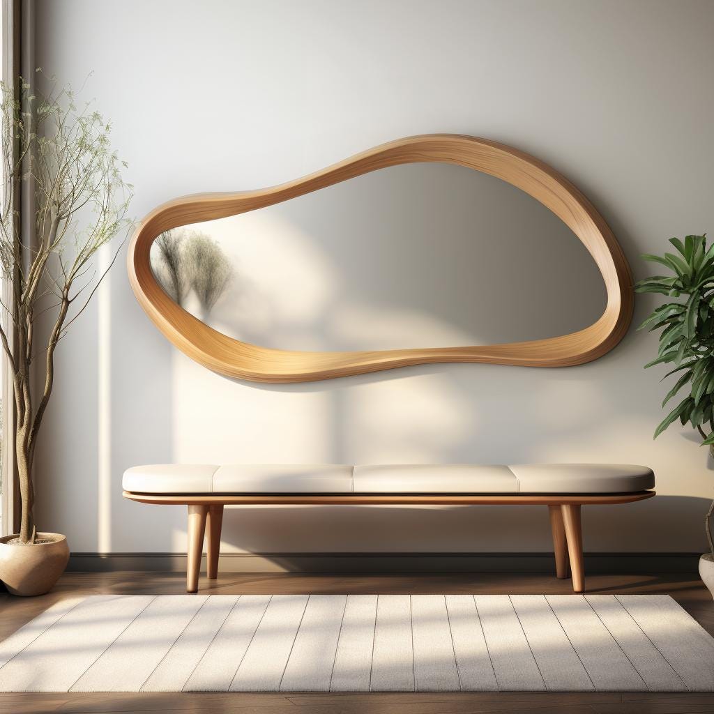 May include: A modern, organic-shaped wooden mirror hangs above a white bench with wooden legs. The room features a neutral color palette, with a light-colored rug and potted plants, creating a minimalist aesthetic.