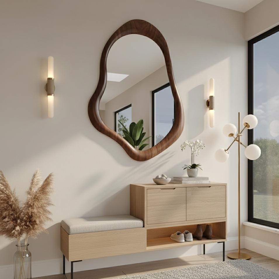 May include: A modern entryway featuring a large, organically shaped wooden mirror. Below, a light wood bench with a cushioned seat and a matching cabinet with closed doors and open shelving. A gold floor lamp and wall sconces provide lighting.