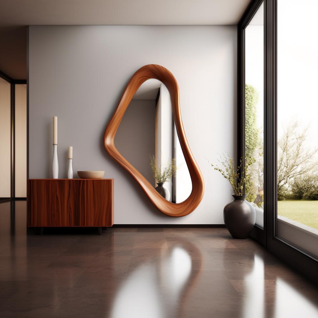 May include: A modern, wooden-framed mirror with an organic, asymmetrical shape hangs on a white wall. The mirror reflects the room's interior. A wooden cabinet with white candles and a bowl sits below the mirror. A dark vase with greenery is next to a large window.