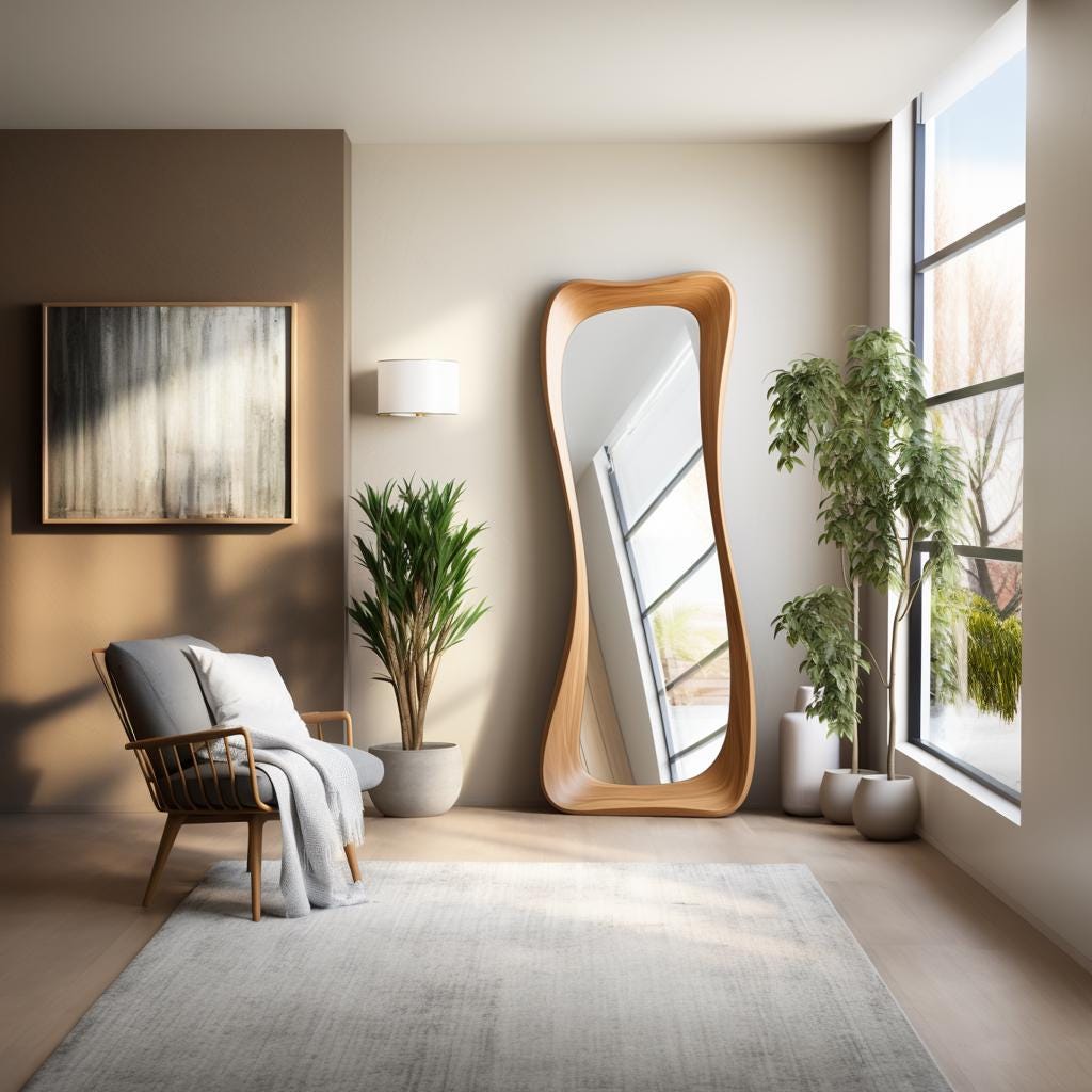 May include: A modern living room featuring a large, uniquely shaped wooden mirror. The mirror has a curved, organic design. A gray armchair with a white throw blanket and pillow sits near a framed abstract artwork. Potted plants and a large window complete the scene.