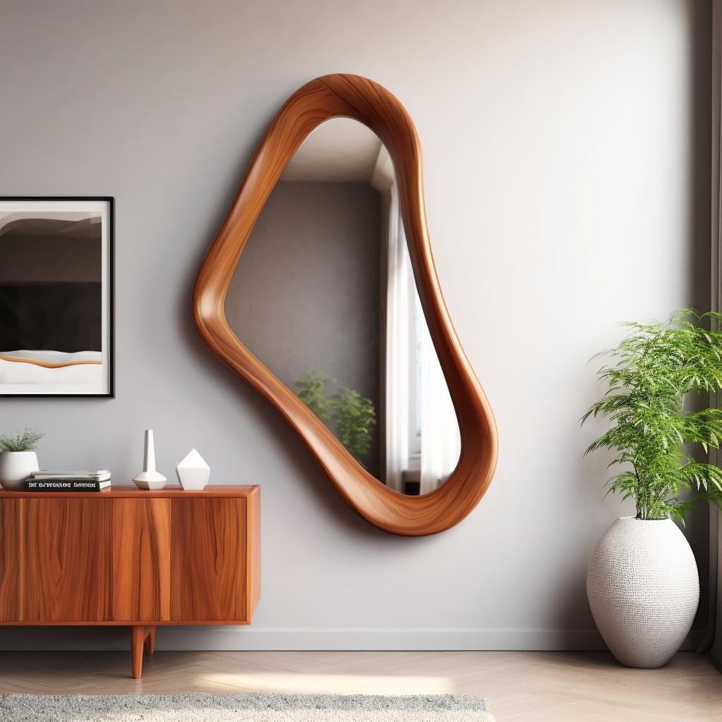 May include: A large, organically shaped wooden mirror hangs on a gray wall. The mirror's frame is a warm, medium brown, and the shape is reminiscent of a flowing, asymmetrical design. The mirror reflects a glimpse of a room with a plant and a window.
