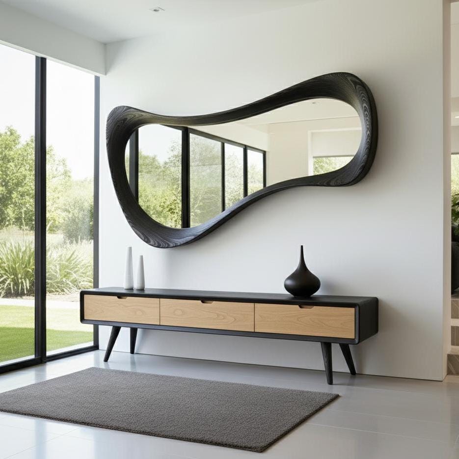May include: A modern entryway featuring a large, black, organically shaped mirror. Below the mirror is a black and wood-toned console table with three drawers. Two white vases and a black vase sit on the console. A gray rug is on the floor.
