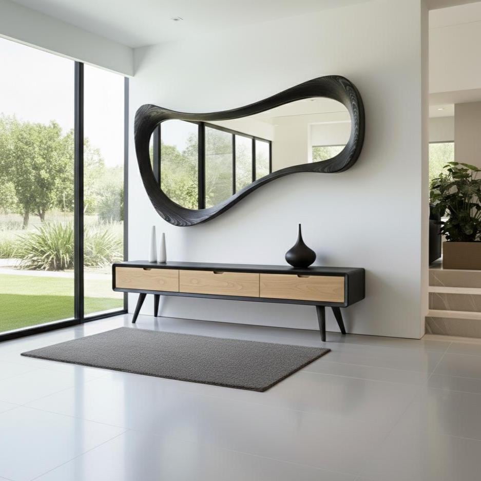 May include: A modern entryway featuring a large, black, organically shaped mirror above a black and wood-toned console table. The console has three drawers and sits on angled legs. A gray rug and decorative vases complete the space.