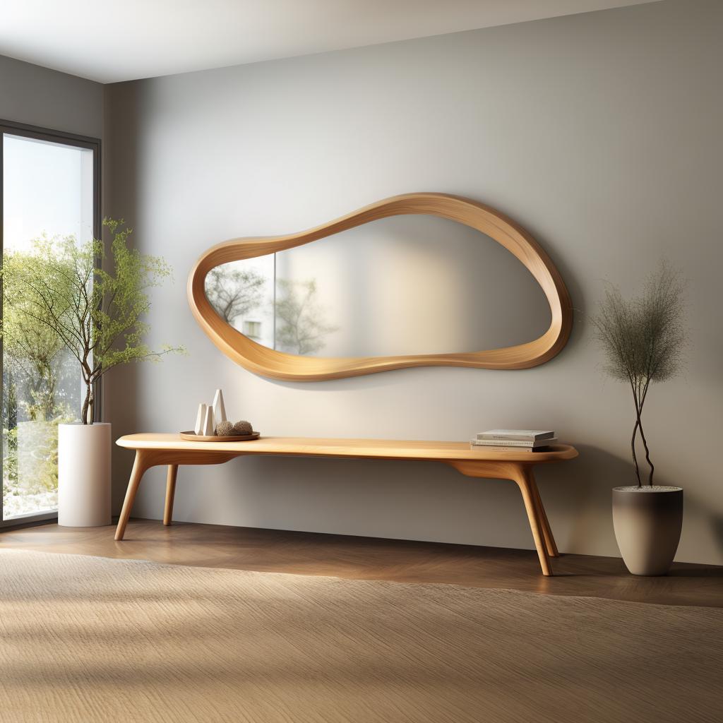 May include: A modern interior featuring a large, organic-shaped wooden mirror mounted on a gray wall. Below, a long wooden bench with angled legs holds decorative items. The room is illuminated by natural light, with plants in the corners.