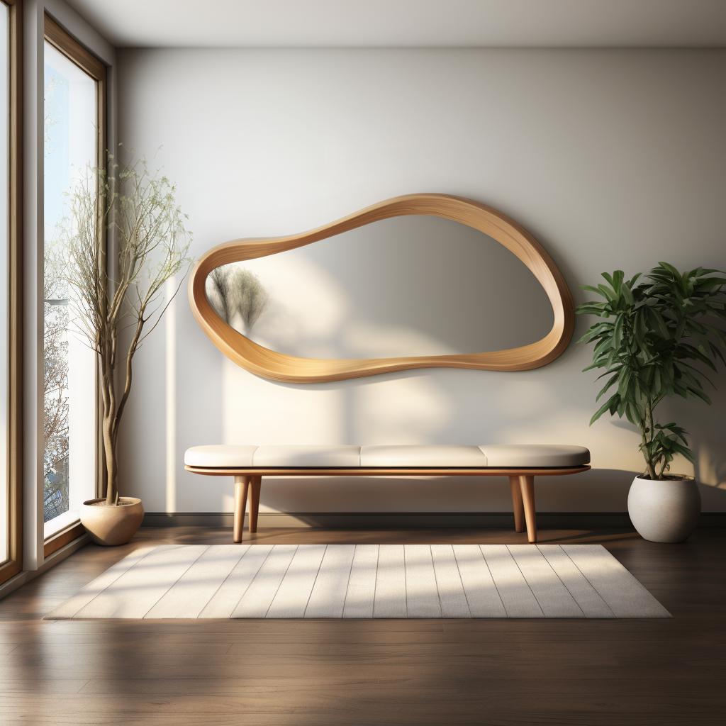 May include: A modern interior scene featuring a large, organically shaped wooden mirror mounted on a white wall. Below, a bench with a cream-colored cushion and wooden legs sits on a light-colored rug. Potted plants flank the bench.