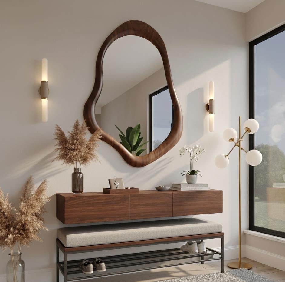May include: A modern entryway featuring a large, organically shaped wooden mirror. Below, a floating wooden console with a bench and shoe rack. Decorative elements include pampas grass, a floor lamp, and wall sconces.