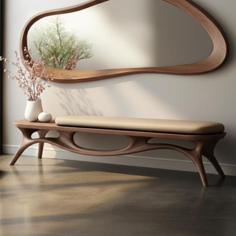 May include: A modern wooden bench with a tan cushion, featuring a unique, curved design. Above, a large, organically shaped wooden mirror hangs on the wall. The scene is complemented by a vase of flowers and a small decorative object on the bench.