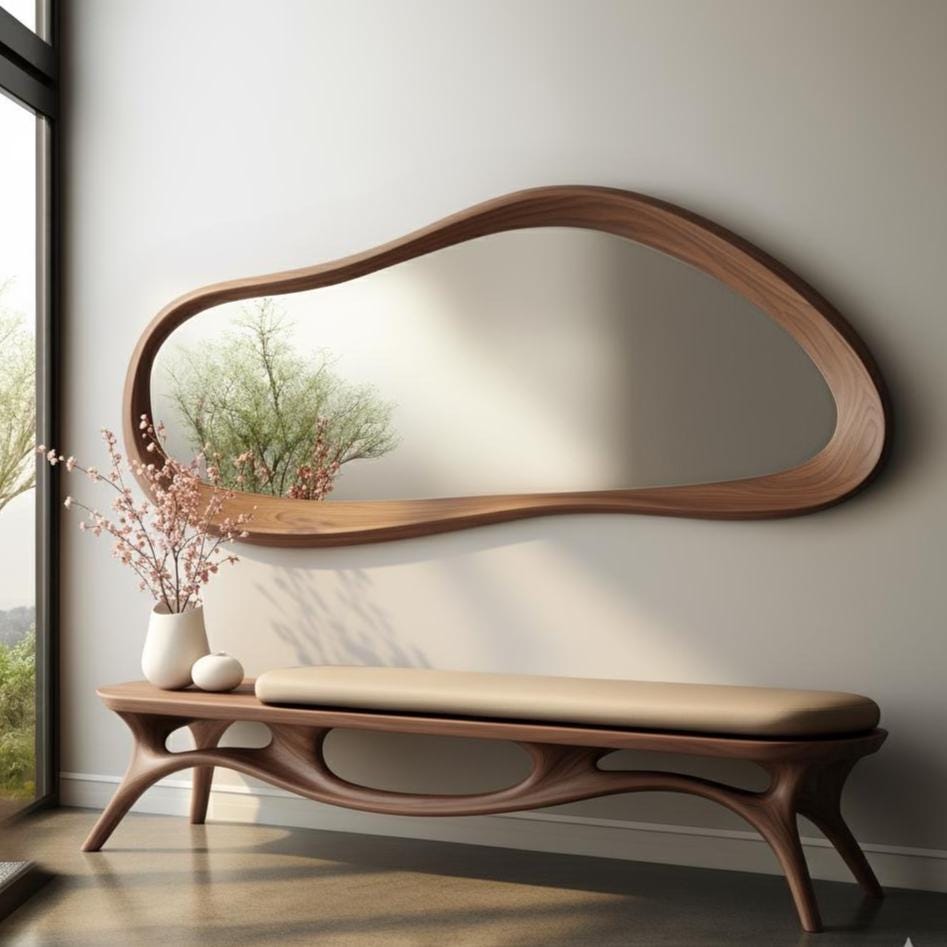 May include: A modern, organic-shaped wooden mirror with a shelf is mounted on a neutral wall. Below, a matching wooden bench with a beige cushion complements the mirror. The room is decorated with a vase of flowers.