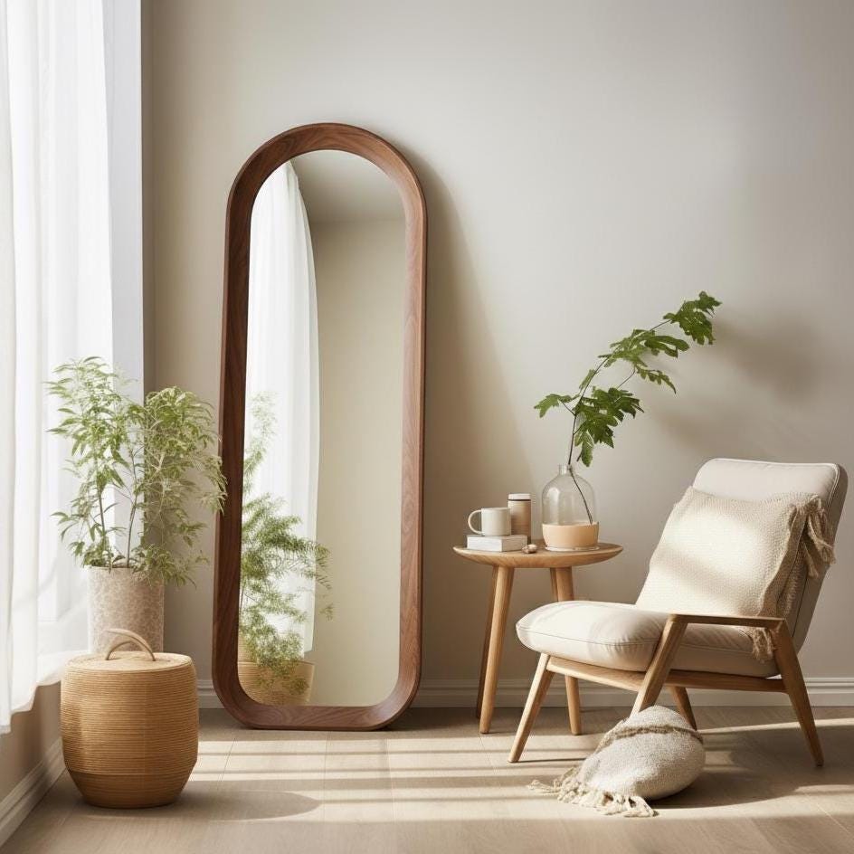 May include: A full-length, oval-shaped wooden mirror with a dark brown frame. The mirror is placed against a light-colored wall, next to a small wooden side table, a cream-colored chair, and a woven basket. A plant in a pot is visible.