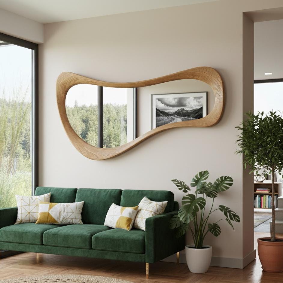 May include: A large, organically shaped wooden mirror hangs above a green velvet sofa with gold legs. The mirror's frame has a natural wood grain finish. Decorative pillows with geometric patterns adorn the sofa. A potted plant sits nearby.
