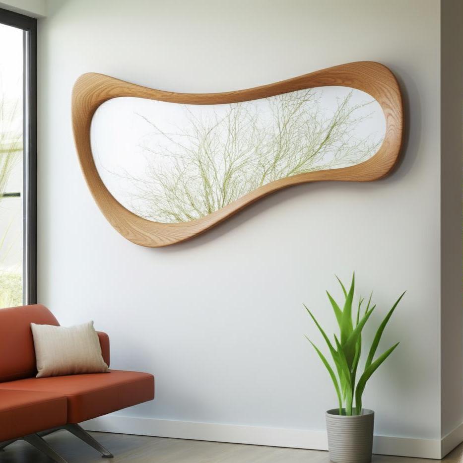 May include: A large, organically shaped mirror with a light wood frame. The mirror reflects a view of green branches. The mirror is mounted on a white wall. A red sofa and a potted plant are in the foreground.