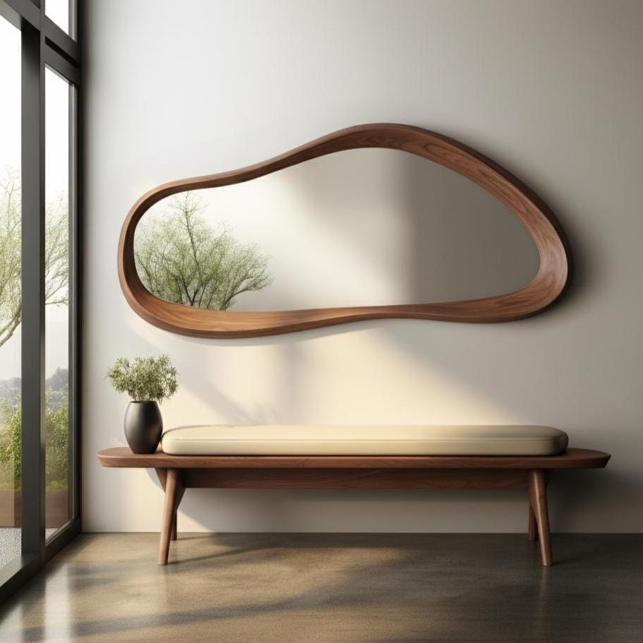 May include: A modern, organic-shaped wooden mirror hangs above a wooden bench with a cream-colored cushion. A black vase with greenery sits on the bench. The mirror reflects a tree and the room's natural light.