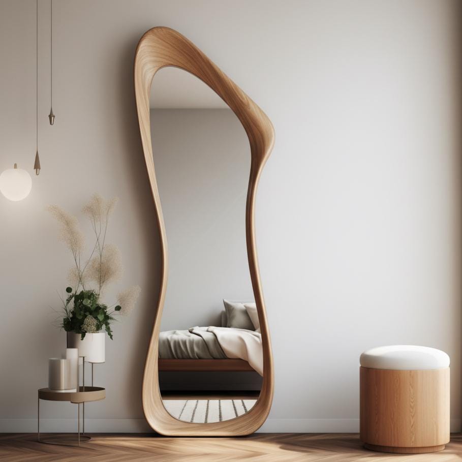 May include: A full-length, free-form wooden mirror with a light brown finish. The mirror has a unique, organic shape and is leaning against a white wall. The reflection shows a bed with gray bedding. A small wooden stool with a white cushion is to the right.