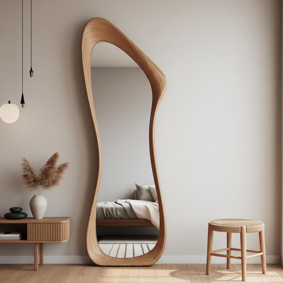 May include: A full-length, free-standing mirror with an organic, flowing wooden frame. The mirror's shape is asymmetrical, with a curved design. The room features a wooden side table, a woven stool, and decorative elements, creating a modern, minimalist aesthetic.