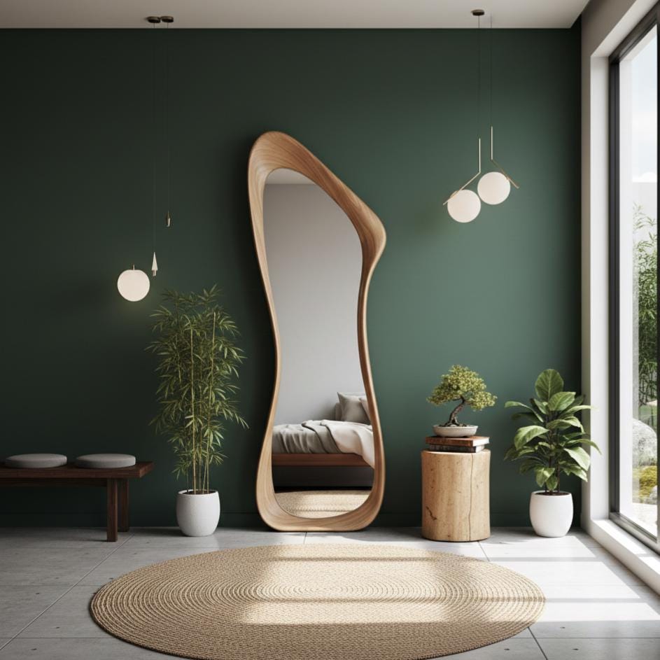May include: A large, uniquely shaped wooden mirror with a light brown frame stands against a dark green wall. A round, woven rug sits on the floor. The room is decorated with plants and a wooden bench, creating a modern, minimalist aesthetic.