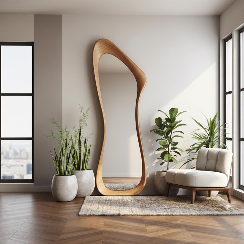 May include: A large, free-form wooden mirror leans against a white wall. The mirror's frame has a natural wood finish. The room features a white armchair, potted plants, and a patterned rug on a hardwood floor. The room has large windows.