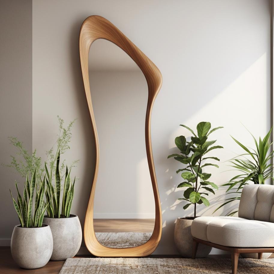 May include: A full-length, free-standing mirror with a unique, organic wooden frame. The mirror's shape is asymmetrical, with a curved top and bottom. The wood has a warm, natural tone. The mirror is placed against a white wall, with potted plants nearby.