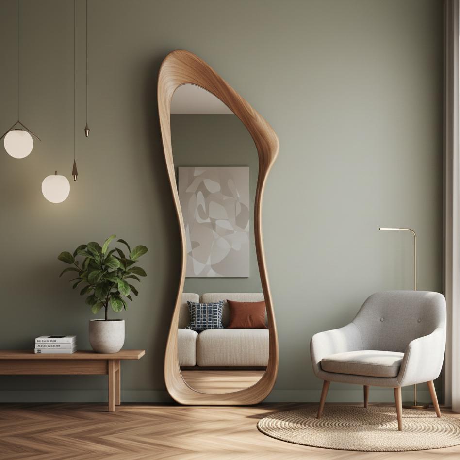 May include: A full-length, free-standing mirror with a unique, organic wooden frame. The mirror reflects a living room scene with a sofa, artwork, and a chair. The room has a neutral color palette with a plant and decorative lighting.